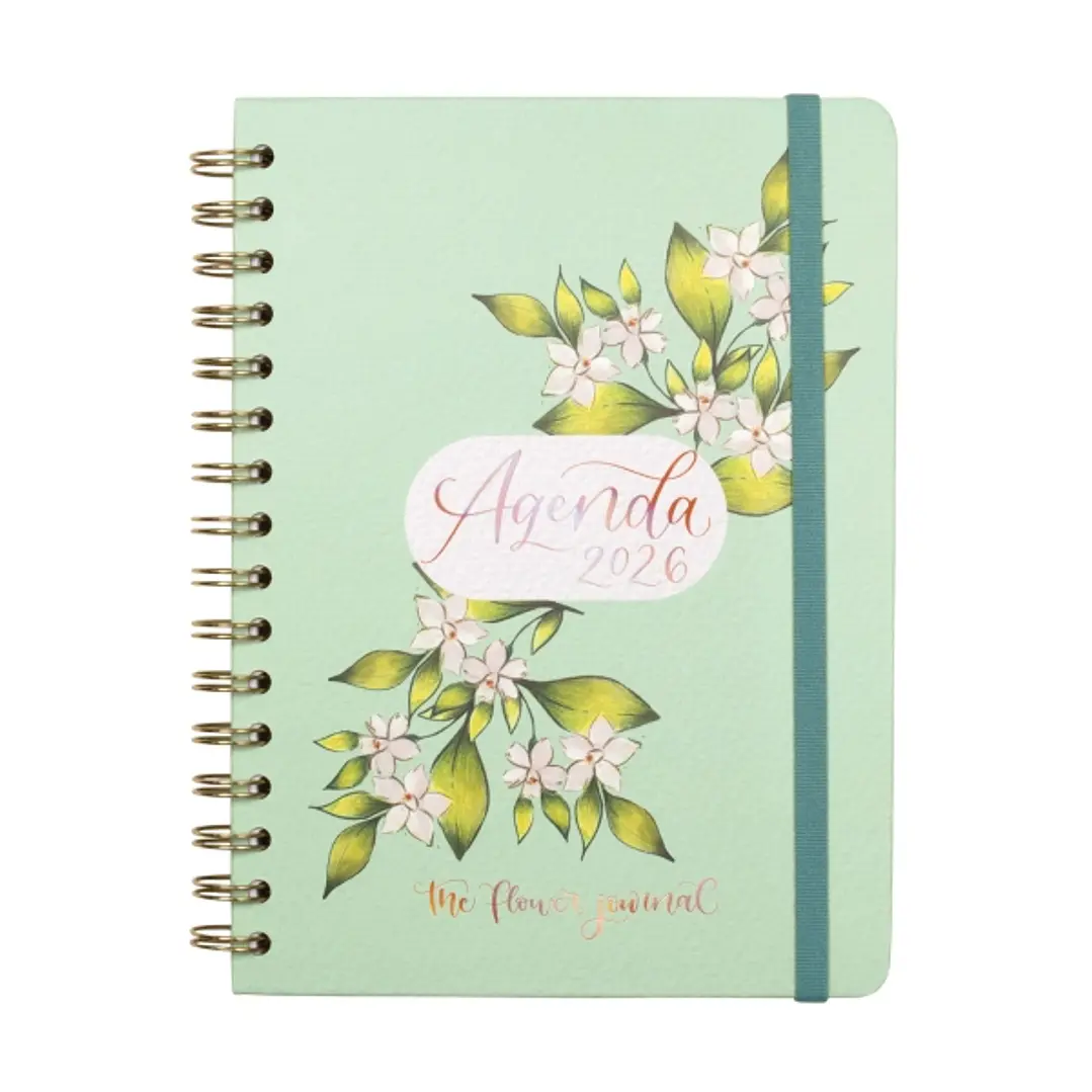 Finocam Flower Journal Agenda de Espiral en Catalan - Anual 2026 - Tapa Dura - Cierre de Goma - Formato E10 - 155X212mm - Semana Vista Horizontal - Co 1