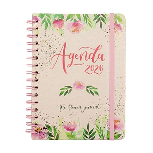 Finocam Flower Journal Agenda de Espiral en Catalan - Anual 2026 - Tapa Dura - Cierre de Goma - Formato E10 - 155X212mm - Semana Vista Horizontal - Co