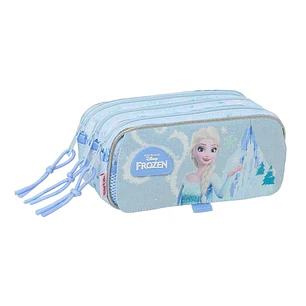 Safta Frozen Portatodo - 3 Compartimentos con Cremallera - Cinta Trasera Adaptable - Bolsillo Frontal de Rejilla con Velcro - 21.5x10x8cm - Color Azul