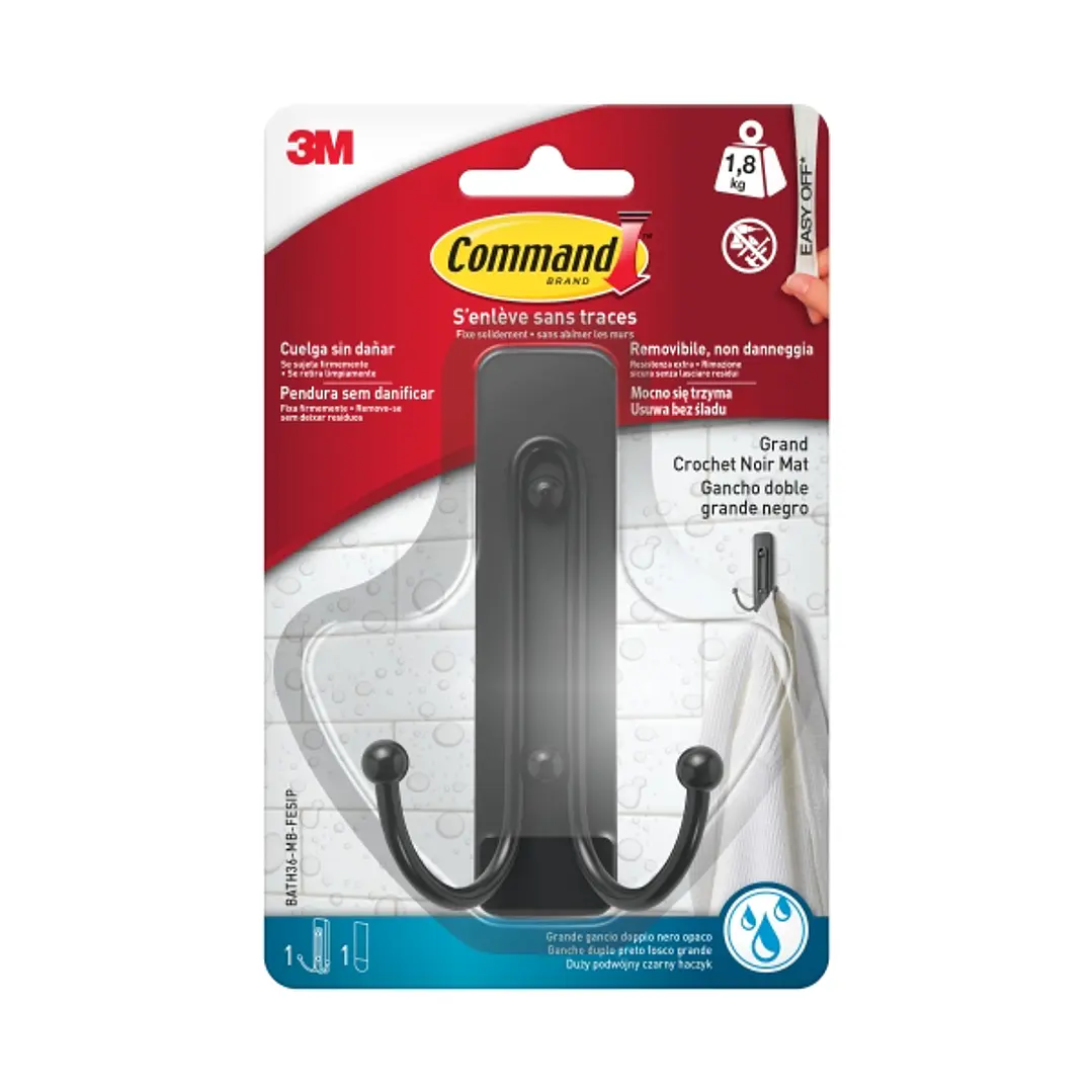 Command Gancho Doble Grande para Aseo - Resistente al Agua - 1 Tira Adhesiva - Soporta hasta 1.8kg - Color Negro Mate 1