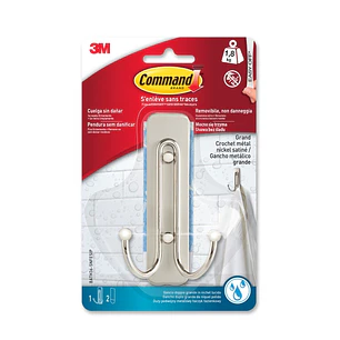 Command Gancho Doble Grande para Aseo - 2 Tiras Adhesivas - Soporta hasta 1.8kg - Color Niquel Satinado
