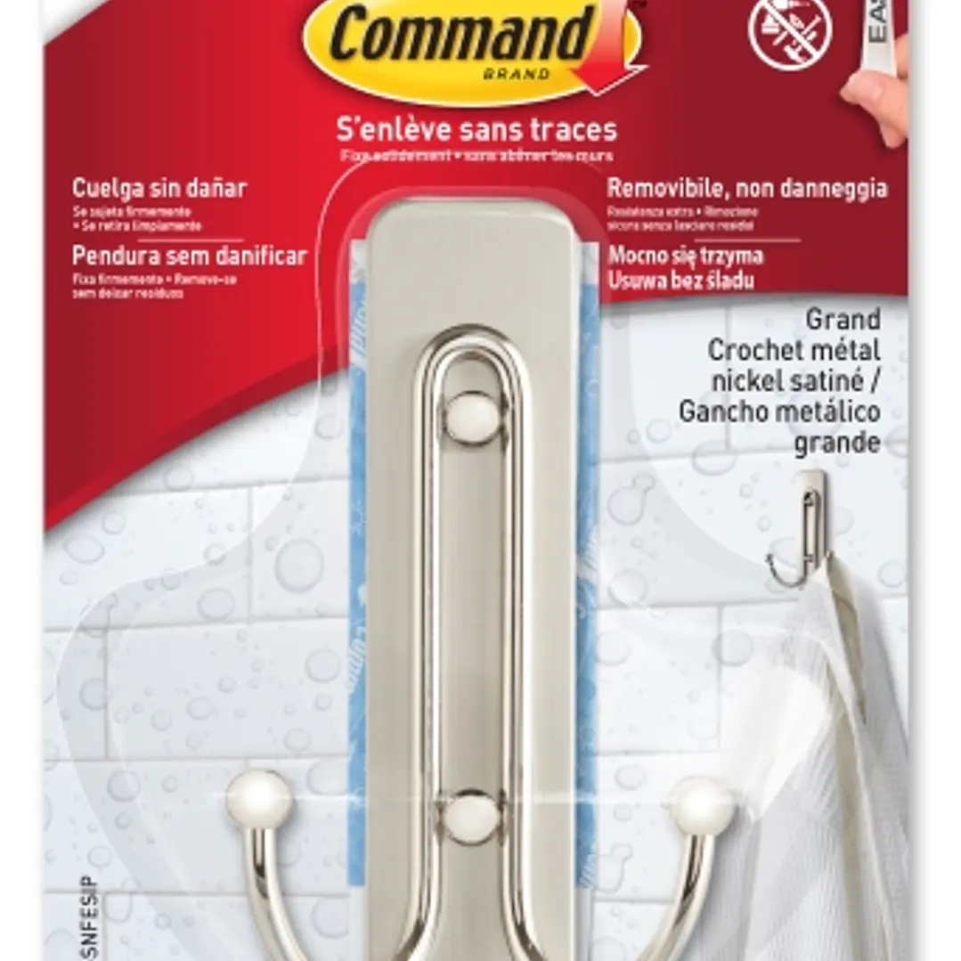 Command Gancho Doble Grande para Aseo - 2 Tiras Adhesivas - Soporta hasta 1.8kg - Color Niquel Satinado 1