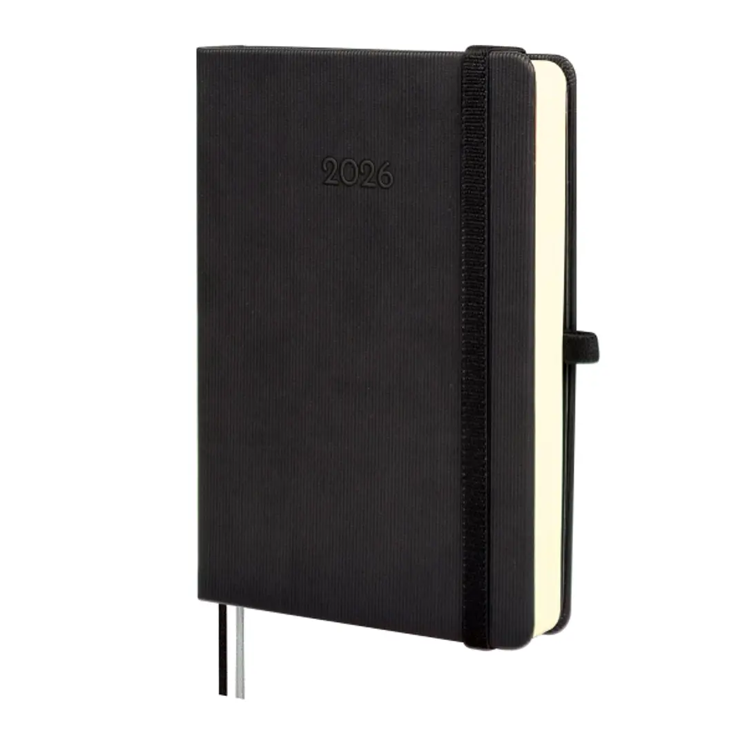 Finocam Minimal Textura Agenda - Anual 2026 - Tapa Dura - Cierre con Goma Elastica - Formato M4 - 124x27x174mm - 1 Dia por Pagina - Color Negro 1
