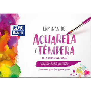 Oxford Pintura Escolar Sobre de Laminas de Acuarela y Tempera A4 - 6 Hojas de 300gr - Ideal para Proyectos Escolares - Superficie Lisa para un Acabado