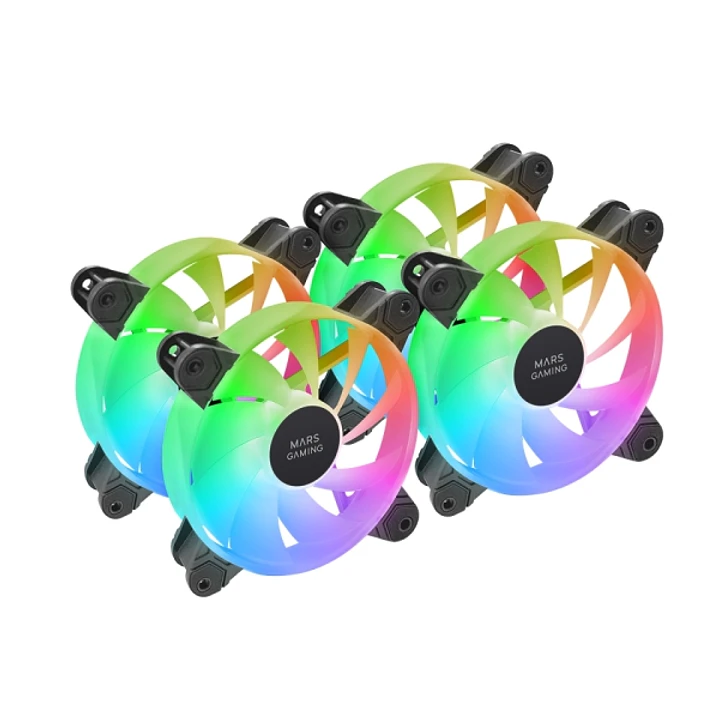 Mars Gaming MF-4A Pack de 4 Ventiladores de 120mm - 1000rpm - Iluminacion ARGB sin Marco - FDB - Silencioso 14dB - Tornillos Incluidos - Rodamientos H 1