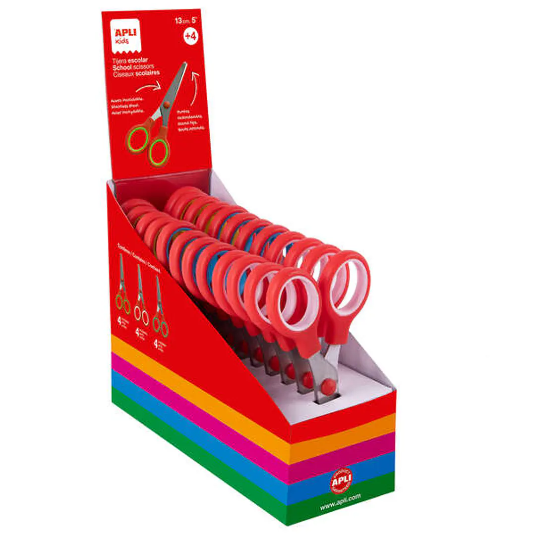 Apli Kids Expositor de 12 Tijeras Escolares 13cm - Punta Redondeada - Aros Simetricos de Plastico - Uso Ambidiestro - Colores Surtidos 1