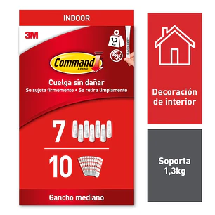 Command Pack de 7 Ganchos Medianos - 10 Tiras Adhesivas - Uso en Interior - Soporta hasta 1.3kg - Color Blanco