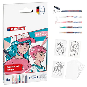 Edding Set Acrilico Manga Pack de 4 Rotuladores 5300 + 1 Rotulador 1800 + 6 Tarjetas en Blanco + 3 Plantillas + 1 Folleto con Instrucciones - Colores 