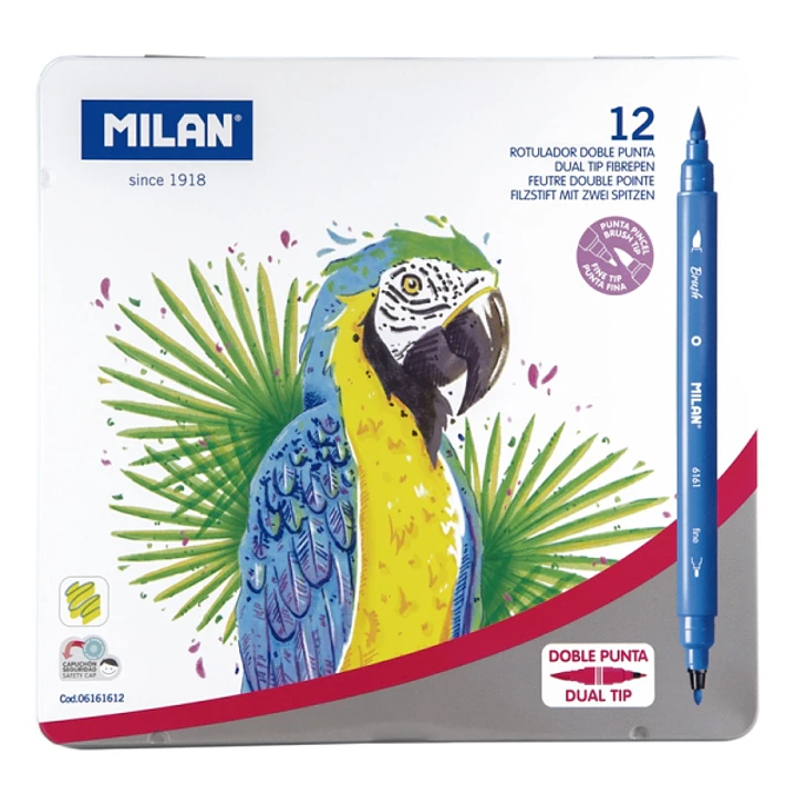 Milan Pack de 12 Rotuladores Doble Punta - Caja Metalica - Punta Fina 2mm - Pincel 0.5 a 4mm - Colores Surtidos 1