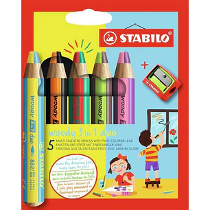 Stabilo Woody 3 en 1 Duo Pack de 5 Lapices de Colores + Sacapuntas - Mina 2 Colores XXL 10mm - Lapiz de Color, Cera  Acuarela, Todo en Uno - Colores S