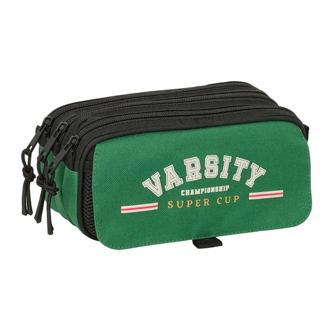 Safta Blackfit8 Varsity Portatodo - 3 Compartimentos con Cremalleras - Bolsillo Frontal - Cinta Adaptable - 1.72L - 215x80x100mm - Color Negro y Verde 1