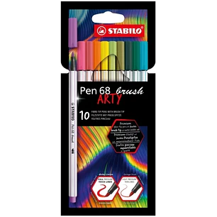 Stabilo Pen 68 Brush Arty Pack de 10 Rotuladores - Punta de Pincel - Tinta a Base de Agua - Colores Surtidos