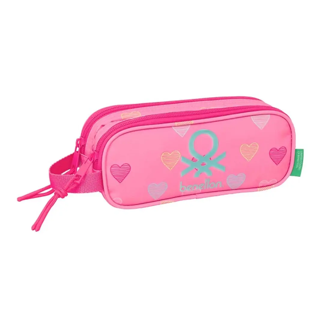 Safta Benetton Heart Portatodo - 2 Compartimentos con Cremalleras - Asa Lateral - 1L - 210x60x80mm - Color Rosa 1