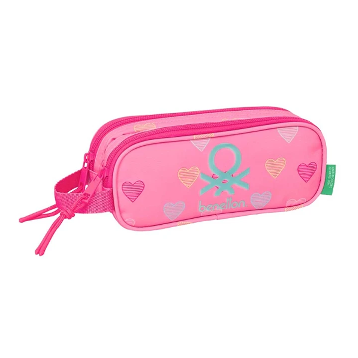 Safta Benetton Heart Portatodo - 2 Compartimentos con Cremalleras - Asa Lateral - 1L - 210x60x80mm - Color Rosa 1