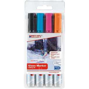 Edding 95 Pack de 4 Rotuladores para Cristal - Punta Redonda - Trazo 1.5-3mm - Colores Negro, Naranja, Rosa y Azul