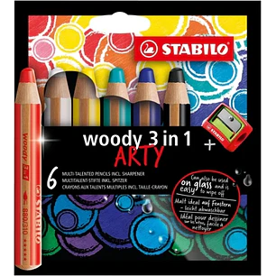Stabilo Woody 3 en 1 Arty Pack de 6 Lapices de Colores + Sacapuntas - Lapiz de Color, Cera y Acuarela, Todo en Uno - Mina XXL 10mm - Colores Surtidos