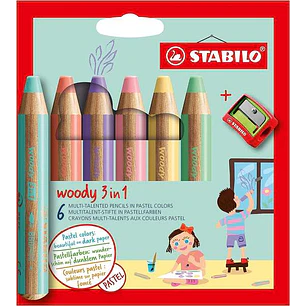 Stabilo Woody 3 en 1 Pack de 6 Lapices de Colores Pastel + Sacapuntas - Lapiz de Color, Cera y Acuarela, Todo en Uno - Mina XXL 10mm - Colores Surtido