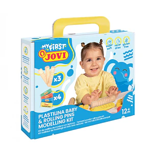 Jovi My First Plastilina Kit de Modelaje con 4 Pastillas de Plastilina 38gr + 3 Rodillos de Madera - Super Blanda - Estimula Creatividad y Sensibilida