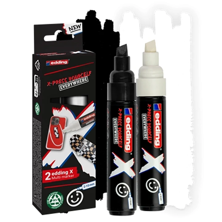Edding X 6900 Pack de 2 Rotuladores Multisuperficie Permanentes de Tinta Opaca - Punta Biselada con Trazo 2-10mm - Color Blanco y Negro 1