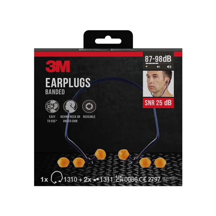 3M Tapones para Oidos con Banda - SNR hasta 25dB - 1 Par de Tapones Premontado - 2 Pares de Tapones de Repuesto - Color Naranja 1