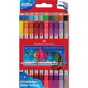 Faber-Castell Glitter Pack con 20 Rotuladores Doble Punta - Punta Gruesa y Fina - Tinta con Efecto de Purpurina - Tinta a Base de Agua - Colores Surti