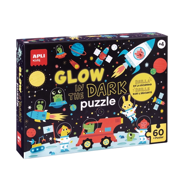 Apli Glow in the Dark Puzzle Fluorescente de 60 Piezas 6x6cm - Tematica Espacio - Efecto Fluorescente que Revela Diseños Ocultos - Poster para Facilit 1