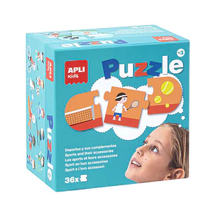 Apli Puzle Deportes y Complementos - 36 Piezas de 7x7cm - 12 Secuencias de 3 Piezas - Carton de 2mm con Acabado Brillante - Desarrolla Habilidades y A