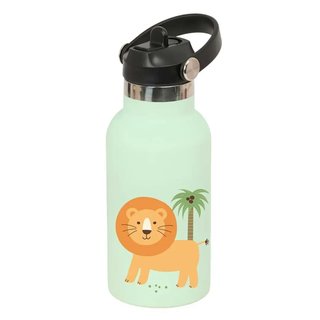 Safta Leon Botella Isotermica Infantil - Capacidad 350ml - Tapon Roscado con Valvula - Base de Silicona - Asa Superior - Acero Inoxidable - 12h Calien 1