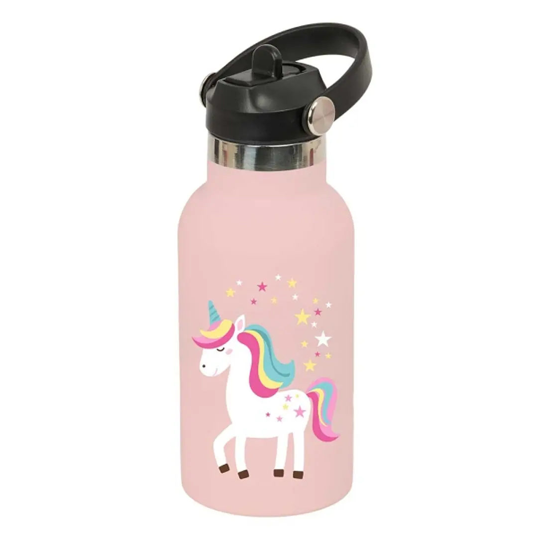 Safta Unicornio Botella Isotermica Infantil - Capacidad 350ml - Tapon Roscado con Valvula - Base de Silicona - Asa Superior - Acero Inoxidable - 12h C 1