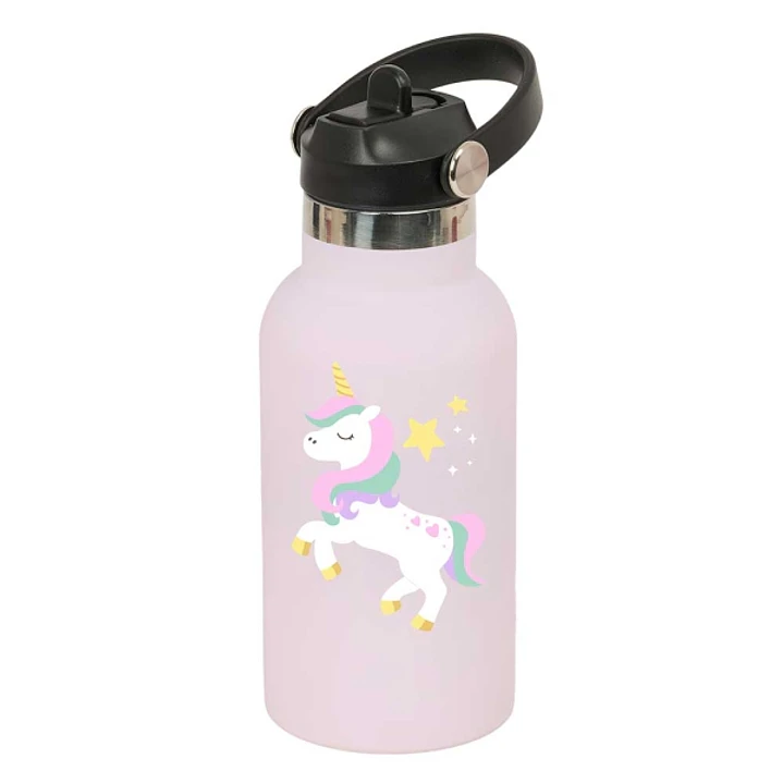 Safta Unicornio Botella Isotermica Infantil - Capacidad 350ml - Tapon Roscado con Valvula - Base de Silicona - Asa Superior - Acero Inoxidable - 12h C 1