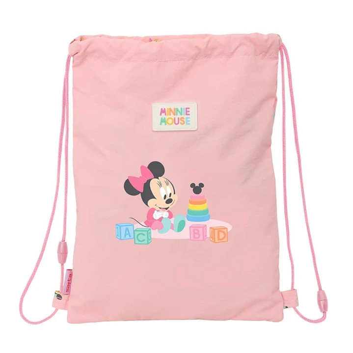 Safta Minnie Mouse Baby Saco Plano - Cierre con Cordones - Bolsillo Interior con Cremallera - 26x34x1cm - Color Rosa Pastel 1