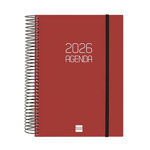Finocam Opaque Agenda de Espiral - Anual 2026 - Tapa Ligera - Cierre con Goma Elastica - Formato E10 - 175x29x212mm - 1 Dia por Pagina - Color Burdeos