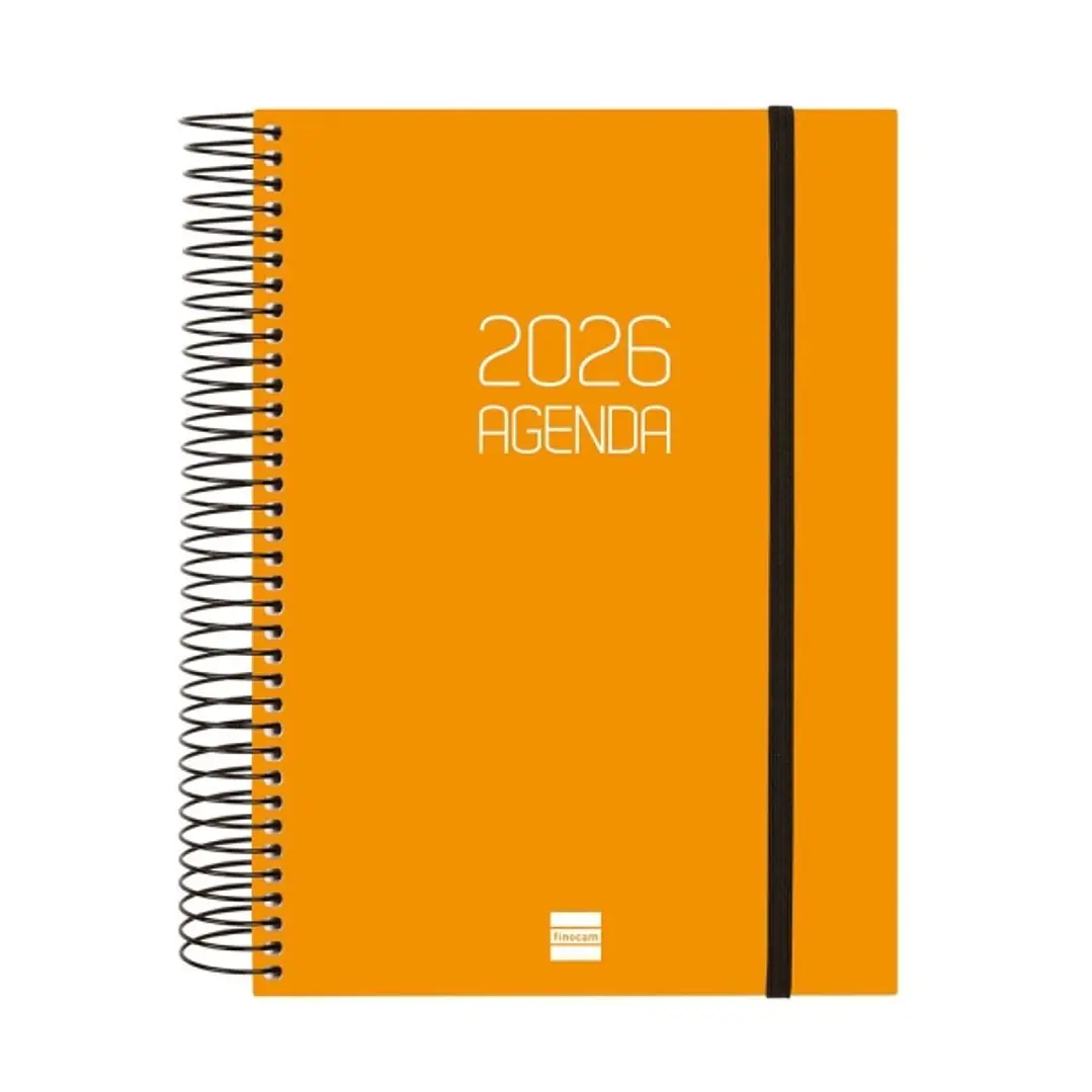 Finocam Opaque Agenda de Espiral - Anual 2026 - Tapa Ligera - Cierre con Goma Elastica - Formato E10 - 175x29x212mm - 1 Dia por Pagina - Color Naranja 1