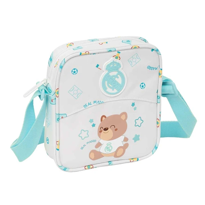 Safta Real Madrid Preescolar Bolsito con Bandolera Ajustable - Compacto - Cierre con Cremallera - 16x18x4cm - Color Blanco 1
