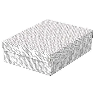 Esselte Pack de 3 Cajas Medianas de Almacenamiento con Tapa 265x100x360mm - Carton 100% Reciclado y Reciclable - Diseño Blanco con Dibujo