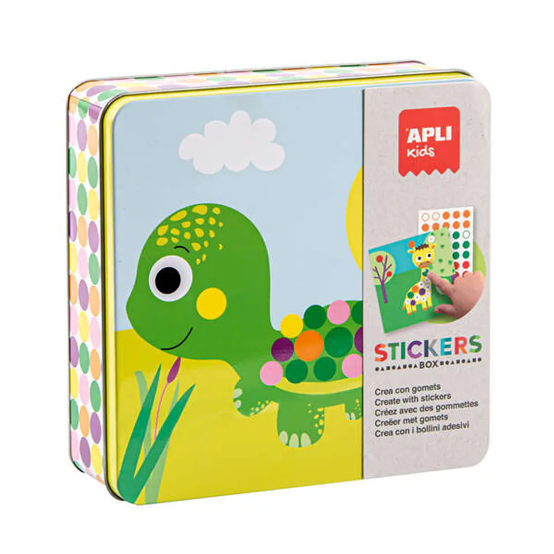 Apli Kids Juegos de Gomets Animales - 16 Laminas para Rellenar con Gomets - 8 Hojas de Gomets Removibles - Alto Valor Didactico - Caja Metalica Exclus 1