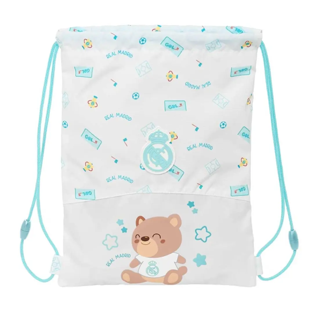 Safta Real Madrid Preescolar Saco Plano Infantil - Cierre Mediante Cordones - Bolsillo Interior con Cremallera - Seguridad Antiestrangulamiento - 26x3 1
