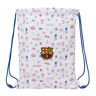 Safta F.C.Barcelona Preescolar Saco Plano - Cierre con Cordones - Bolsillo Interior con Cremallera - 26x34x1cm - Color Blanco