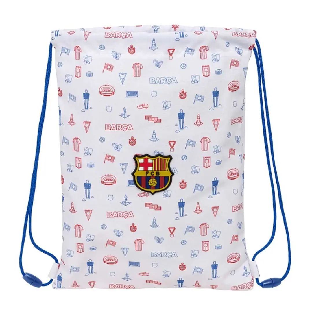 Safta F.C.Barcelona Preescolar Saco Plano - Cierre con Cordones - Bolsillo Interior con Cremallera - 26x34x1cm - Color Blanco 1
