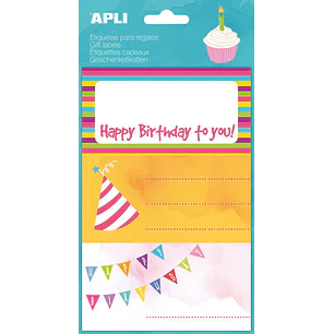 Apli Etiquetas Adhesivas Happy Birthday - Tamaño 76x39mm - 9 Etiquetas en 3 Hojas - Adhesivo Permanente de Alta Calidad - Ideal para Marcar e Identifi