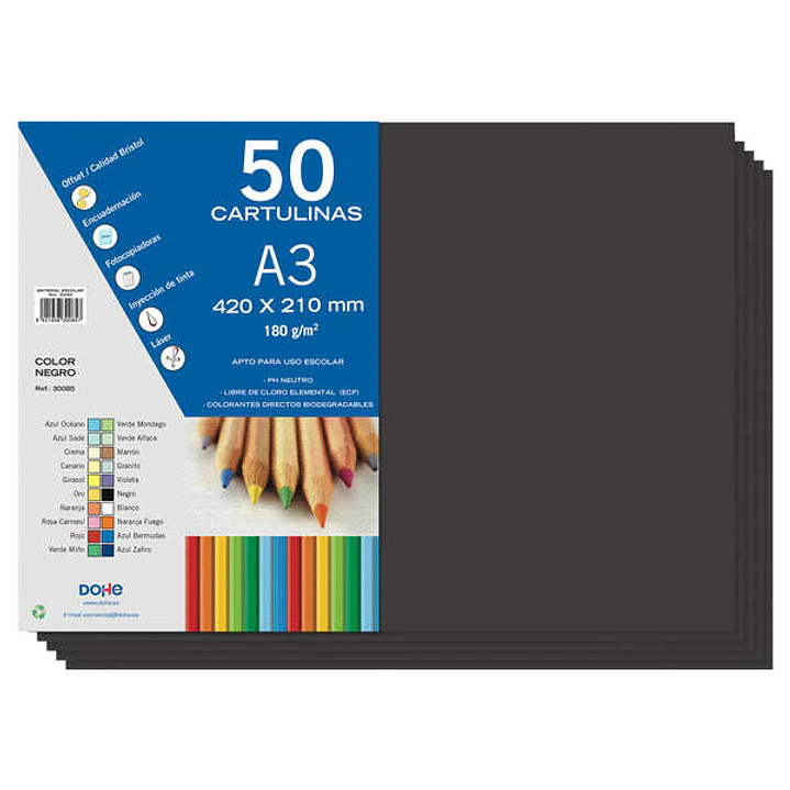 Dohe Pack de 50 Cartulinas A3 de 180gr - Con PH Neutro - Libres de Cloro Elemental - Color Negro 1