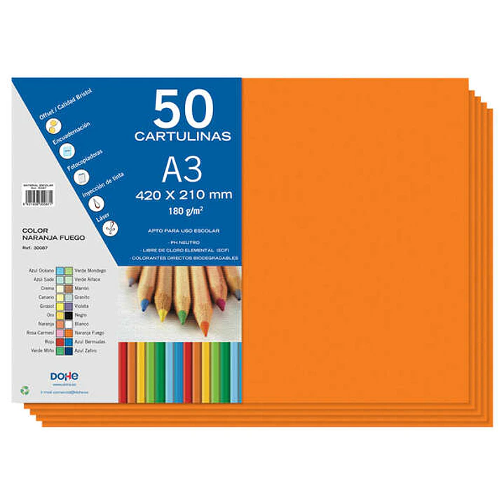 Dohe Pack de 50 Cartulinas A3 de 180gr - Con PH Neutro - Libres de Cloro Elemental - Color Naranja 1