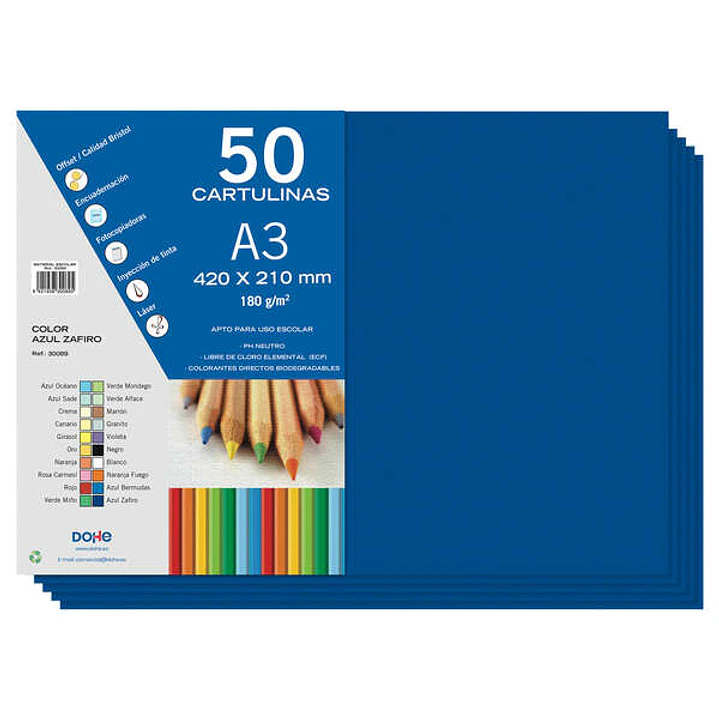 Dohe Pack de 50 Cartulinas A3 de 180gr - Con PH Neutro - Libres de Cloro Elemental - Color Azul Zafiro 1