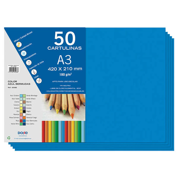 Dohe Pack de 50 Cartulinas A3 de 180gr - Con PH Neutro - Libres de Cloro Elemental - Color Azul Bermudas 1