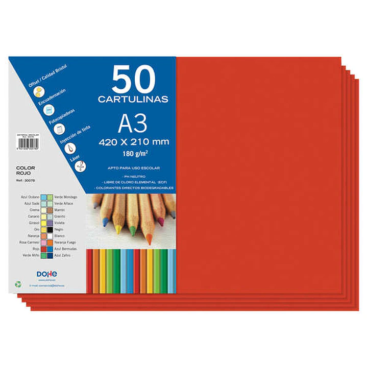 Dohe Cartulinas A3 - 50 Hojas - Gramaje de 180g - Color Rojo 1
