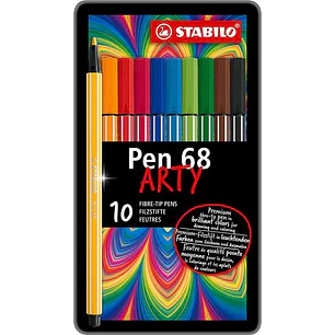 Stabilo Pen 68 Arty Caja Metalica de 10 Rotuladores - Punta de Fibra - Trazo de 1mm aprox. - Tinta a Base de Agua - Capuchon Ventilado - Colores Surti