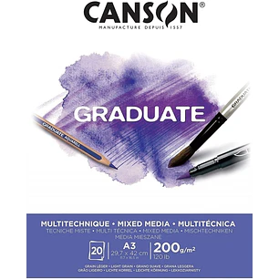 Canson Graduate Mix Media Bloc Encolado de 20 Hojas A3 de 200g - Grano Fino - Color Blanco