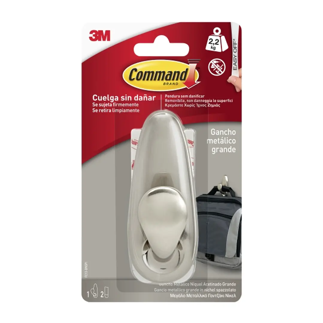 Command Gancho Metalico Grande - 2 Tiras Adhesivas - Soporta hasta 2.2kg - Color Niquel Pulido 1