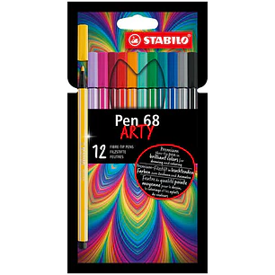 Stabilo Pen 68 Arty Pack de 12 Rotuladores - Punta de Fibra - Trazo de 1mm aprox. - Tinta a Base de Agua - Capuchon Ventilado - Colores Surtidos