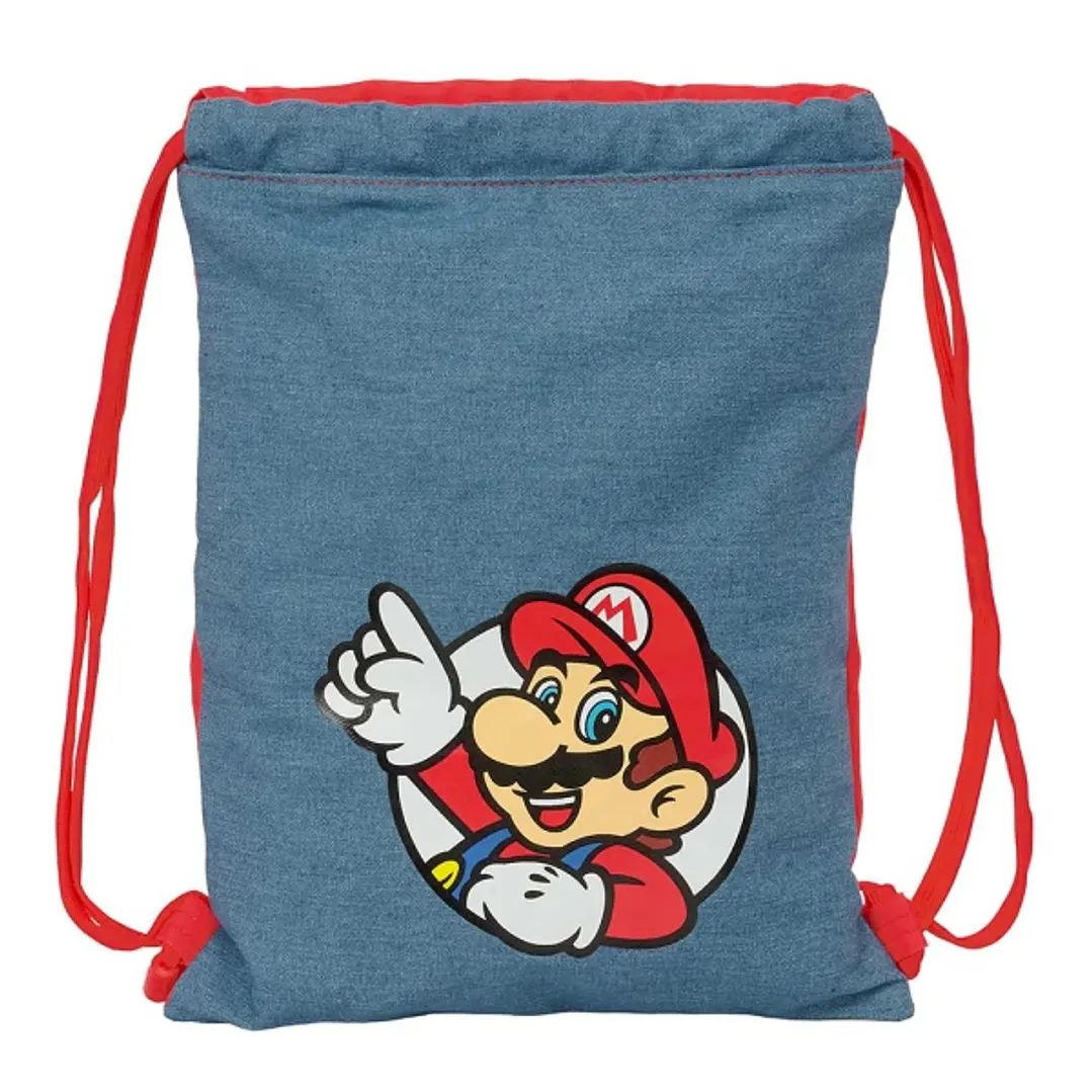 Safta Super Mario Saco Plano - Cierre con Cordones - Bolsillo Interior con Cremallera - 26x34x1cm - Color Rojo y Azul 1
